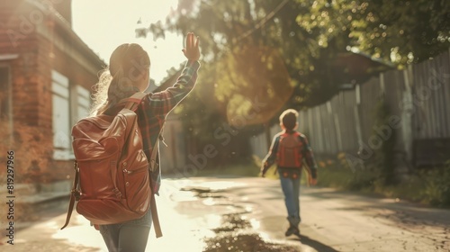 At the end of a school day, a girl walks away and waves to a boy, showcasing the sweet essence of friendship and the everyday connections formed at school. Girl waving to a boy photo