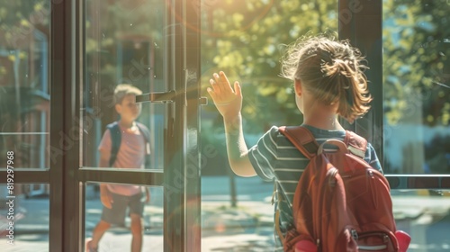 As the school day ends, a girl turns to wave to a boy, highlighting a charming scene of friendship and the simple joys of school life in this heartfelt moment. Girl waving to a boy photo