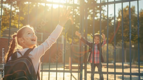 A girl enthusiastically waves to a boy with a backpack at the school gate on a sunny day. This scene exudes joy and connects them in their daily routine. Girl waving to a boy photo