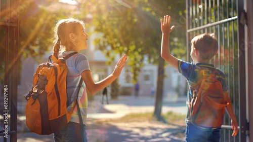 On a sunny day, a girl excitedly waves to a boy with a backpack at the school gate, highlighting a delightful and spirited interaction between classmates. Girl waving to a boy photo