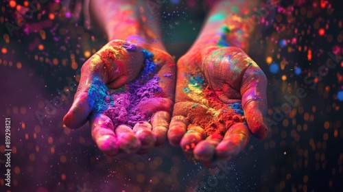 Realistic illustration celebrating the Holi with two hands in focus covered in a vibrant color powders. © Vladyslav  Andrukhiv