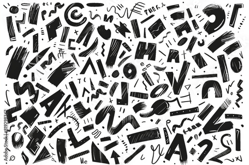 Collection of random hand drawn scribble of stroke  shape  number and alphabet vector set set vector icon  white background  black colour icon