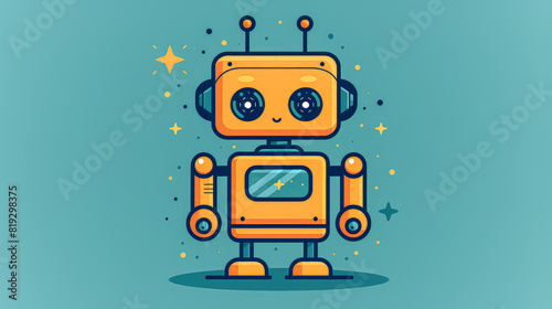 A robot with a smile on its face stands on a blue background. The robot is orange and has two ears and two eyes. The robot appears to be happy and friendly photo