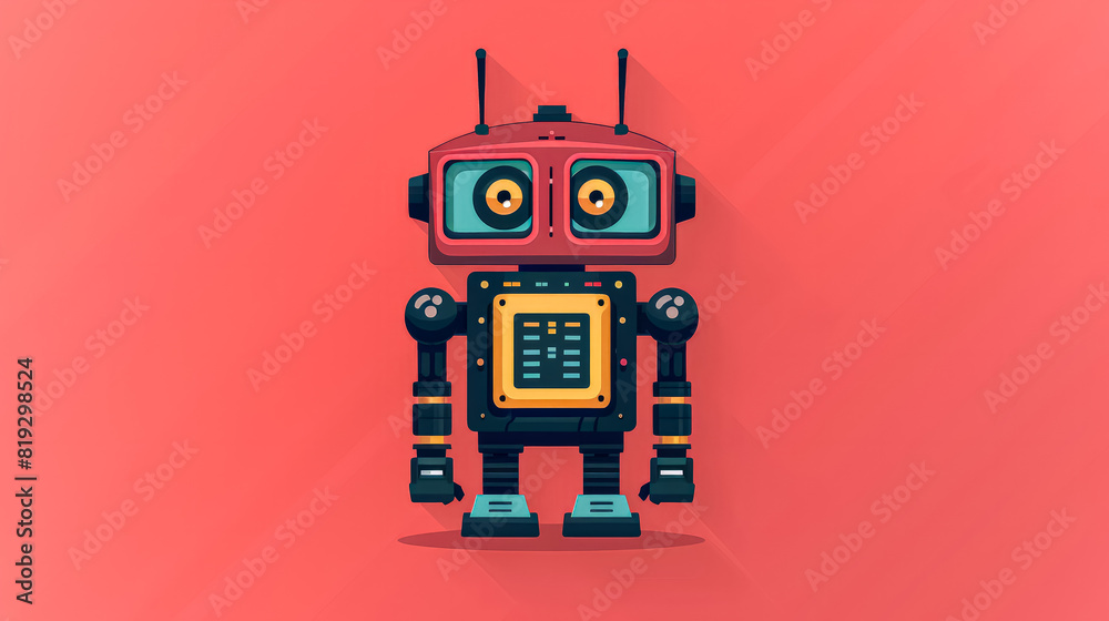 A robot with a smile on its face stands on a blue background. The robot is orange and has two ears and two eyes. The robot appears to be happy and friendly
