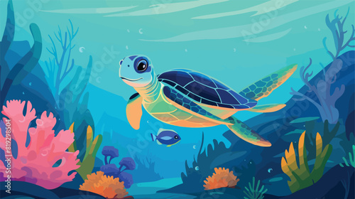 Vector illustration of a turtle swimming next to fi