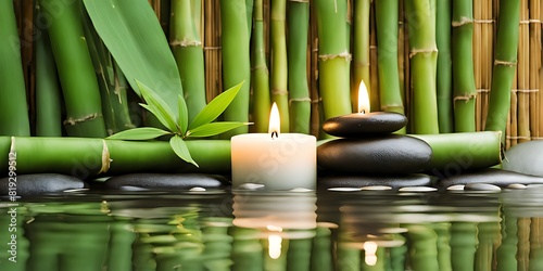  Tranquil Spa Oasis  Serene Setting with Candles  Flowing Water  and Lush Green Bamboo Background  Zen Style Ambiance 