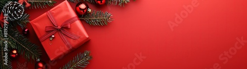 Christmas background with red gift box, fir tree branches and decorations on left side border on red color banner background with copy space for text