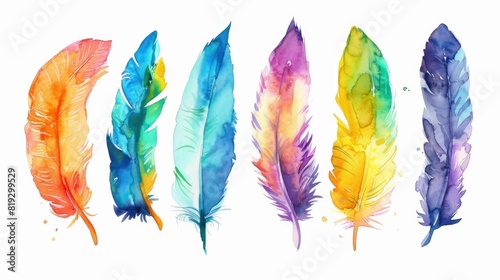Realistic watercolor feathers set. Watercolor colorful feathers pattern. Hand drawn feathers set. Watercolor feather isolated on white background © Vladyslav  Andrukhiv