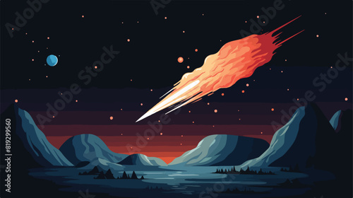 Vector illustration of glowing comet falling to pla photo