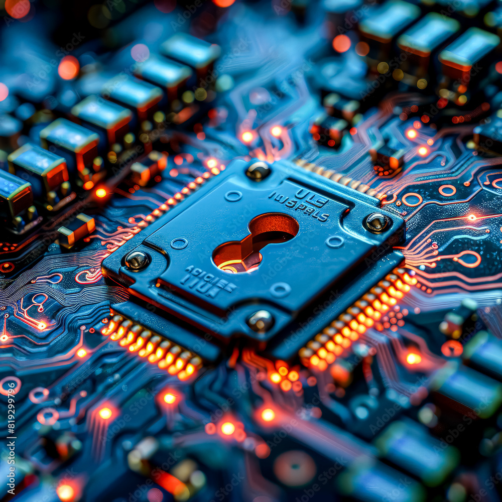 Fototapeta premium A close up of a computer chip with a keyhole in it. The chip is a microprocessor and the keyhole is a security feature