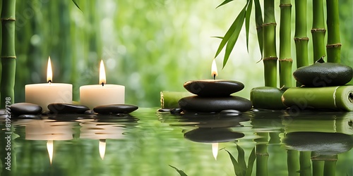  Tranquil Spa Oasis  Serene Setting with Candles  Flowing Water  and Lush Green Bamboo Background  Zen Style Ambiance 