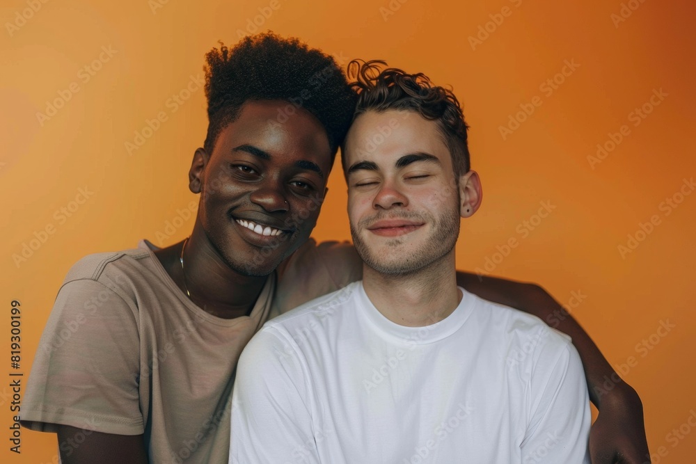 Obraz premium Gay couple hugging on orange background. Multiethnic LGBTQ couple of homosexual men smiling and embracing. Gay lifestyle concept. Pride Month, Pride Day. Diversity, freedom and pride LGBT people