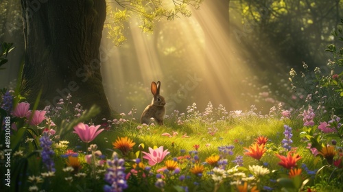 Big brown rabbit looking at colorful easter egg in imagination forest with warm golden sun ray shine under the tree . Cute bunny hiding in fantasy forest with colorful flower on green grass. AIG42.