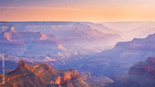 A panoramic view of the Grand Canyon bathed in the warm glow of a sunset, with layers of rock formations stretching into the horizon.