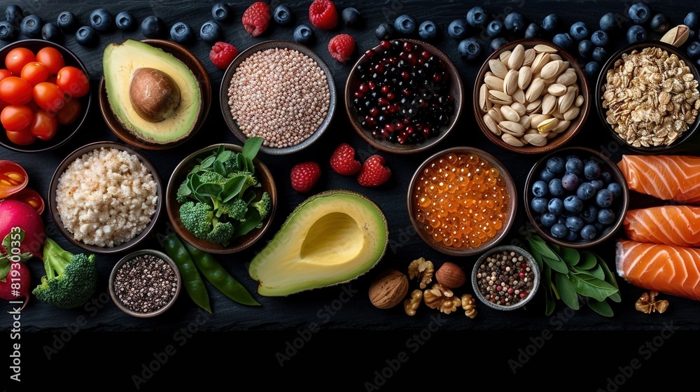 Fruits, veggies, and meats are displayed in bowls on a dark surface against a black backdrop Fruits, veggies, and meats are displayed in bowls on a dark surface against a black backdrop