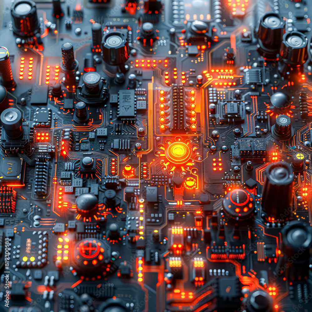 A close up of a computer chip with a light on it. The chip is surrounded by other electronic components A close up of a computer chip with a light on it. The chip is surrounded by other electronic components