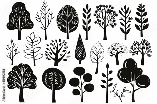 Drawing trees in line art. Hand drawn doodles trees and bushes. Botanical creative painting. Decorative elements set vector icon  white