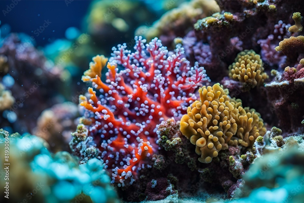 Obraz premium Macro shot of coral polyps and the vibrant marine life