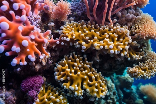 Macro shot of coral polyps and the vibrant marine life