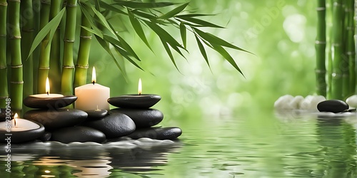  Tranquil Spa Oasis  Serene Setting with Candles  Flowing Water  and Lush Green Bamboo Background  Zen Style Ambiance 