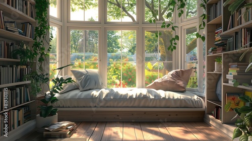 A cozy reading nook nestled beside a large bay window overlooking a serene garden.