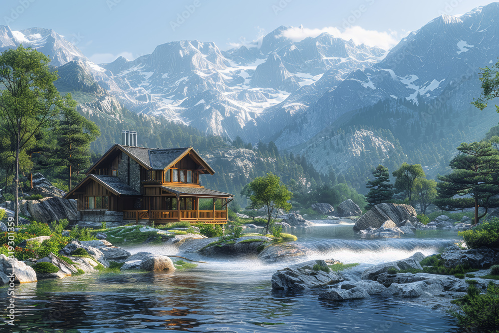 A serene mountain retreat nestled in a secluded valley, where visitors can escape the hustle and bustle of city life and reconnect with nature. Generative Ai. A serene mountain retreat nestled in a secluded valley, where visitors can escape the hustle and bustle of city life and reconnect with nature. Generative Ai.