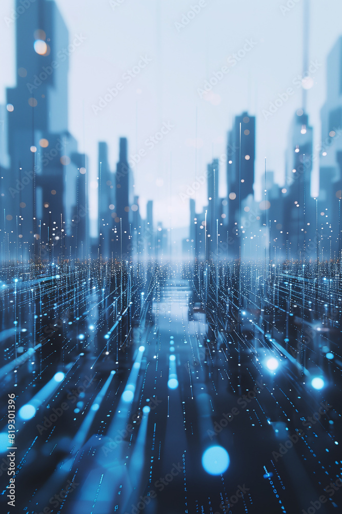 Obraz premium abstract futuristic cityscape at daylight with glowing data streams and holographic elements, skyscrapers creating depht, technological development, photorealistic // ai-generated 