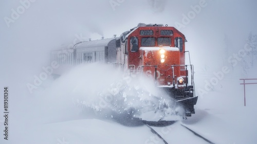  Red train plowing thrugh deep snow , leaving a mist of snow behind it photo