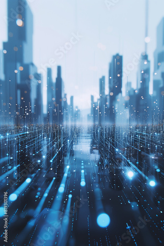 abstract futuristic cityscape at daylight with glowing data streams and holographic elements, skyscrapers creating depht, technological development, photorealistic // ai-generated 