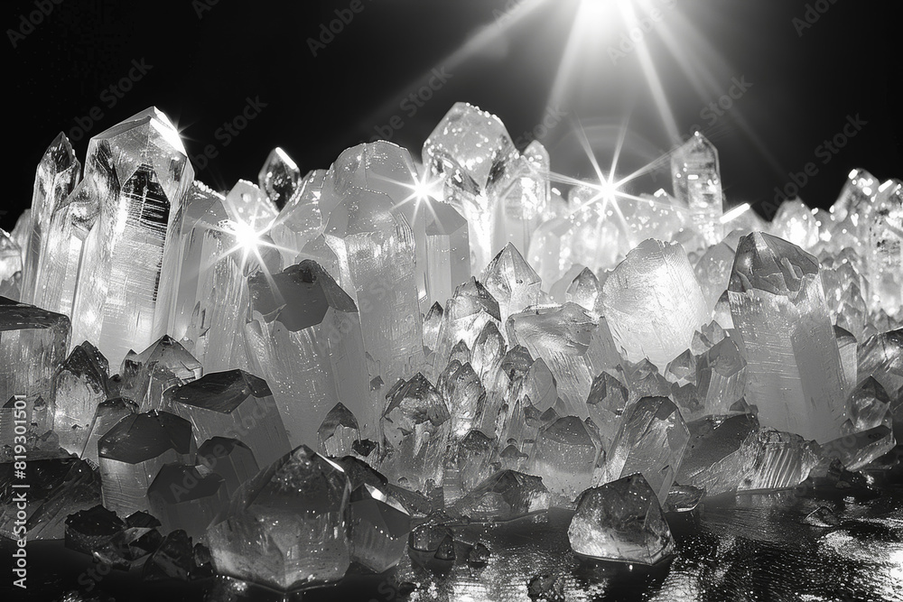 Crystalline ice formations glittering like diamonds on the surface of a distant comet, reflecting the light of a distant sun. Concept of cometary landscapes. Generative Ai.