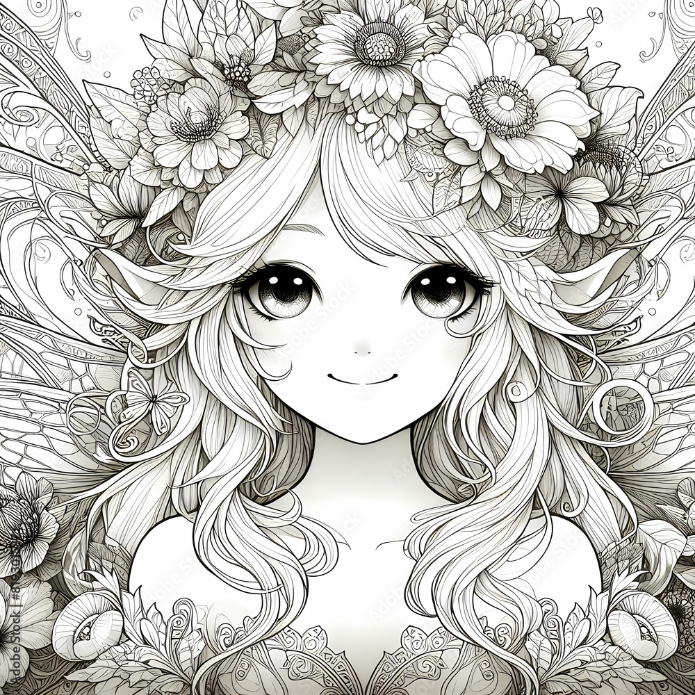 Whimsical Fantasy Garden Fairy Coloring Page White Ink, Ultra Cute Portrait Whimsical Fantasy Garden Fairy Coloring Page White Ink, Ultra Cute Portrait