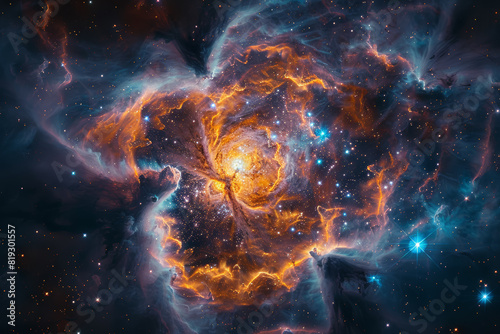 A cluster of nebulae swirling in a cosmic whirlpool, birthing new stars amidst clouds of interstellar gas and dust. Concept of stellar nurseries. Generative Ai. © Sebastian
