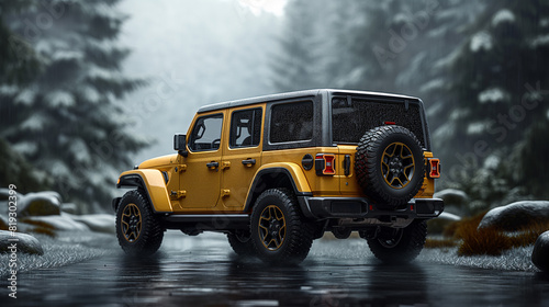 Product photo advertisement of a yellow jeep in a winter forest