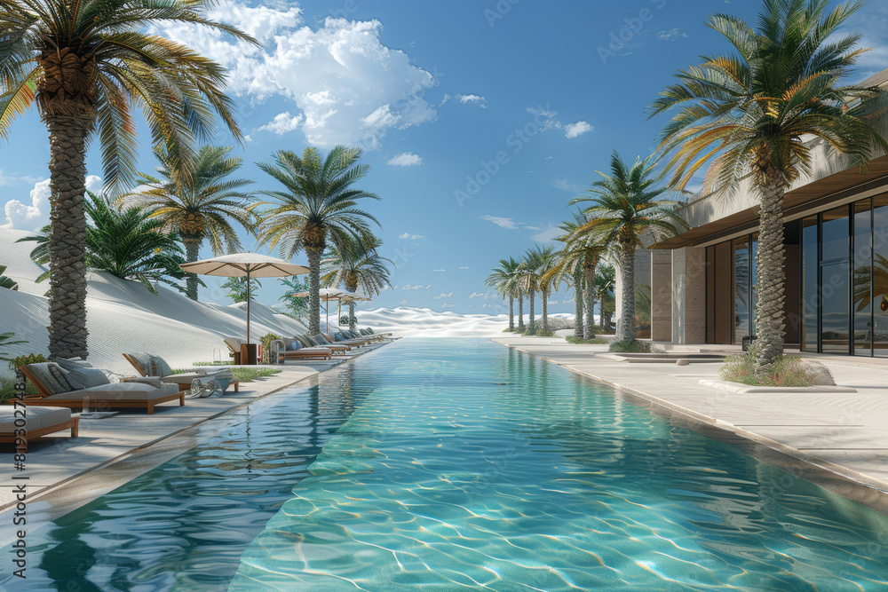 A tranquil oasis nestled amidst desert dunes, where palm trees sway gently in the breeze and a pristine pool beckons weary travelers. Concept of desert sanctuary. Generative Ai.