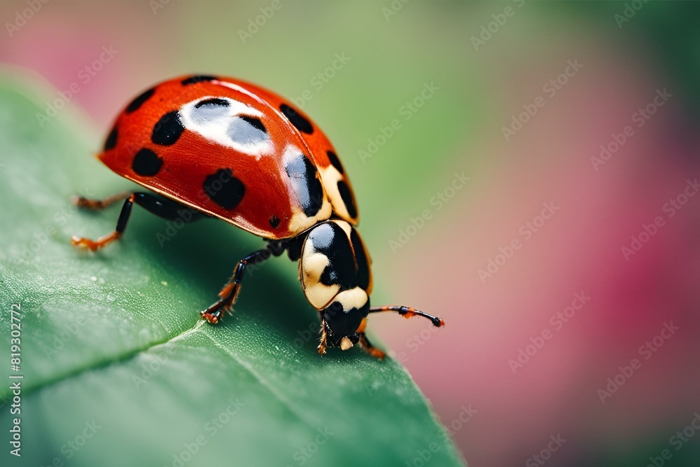 Fototapeta premium Lady bug resting on a leaf, Lady Bug on Leaf