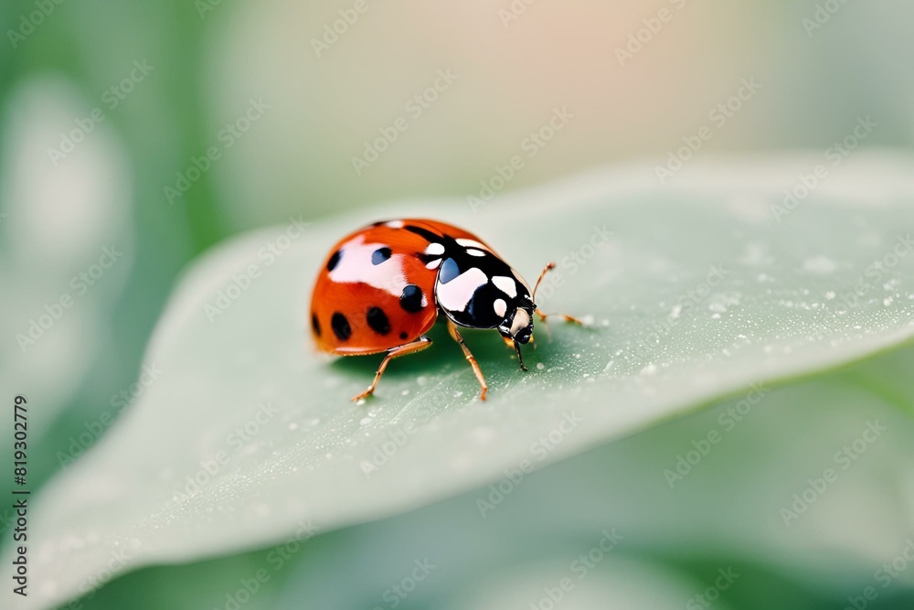 Fototapeta premium Lady bug resting on a leaf, Lady Bug on Leaf