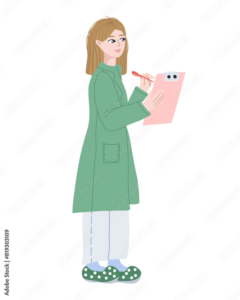 Female nurse holding file in a hospital. Doctor is wearing a professional green uniform and writing a prescription. Hand drawn vector illustration. Isolated on white background. Female nurse holding file in a hospital. Doctor is wearing a professional green uniform and writing a prescription. Hand drawn vector illustration. Isolated on white background.