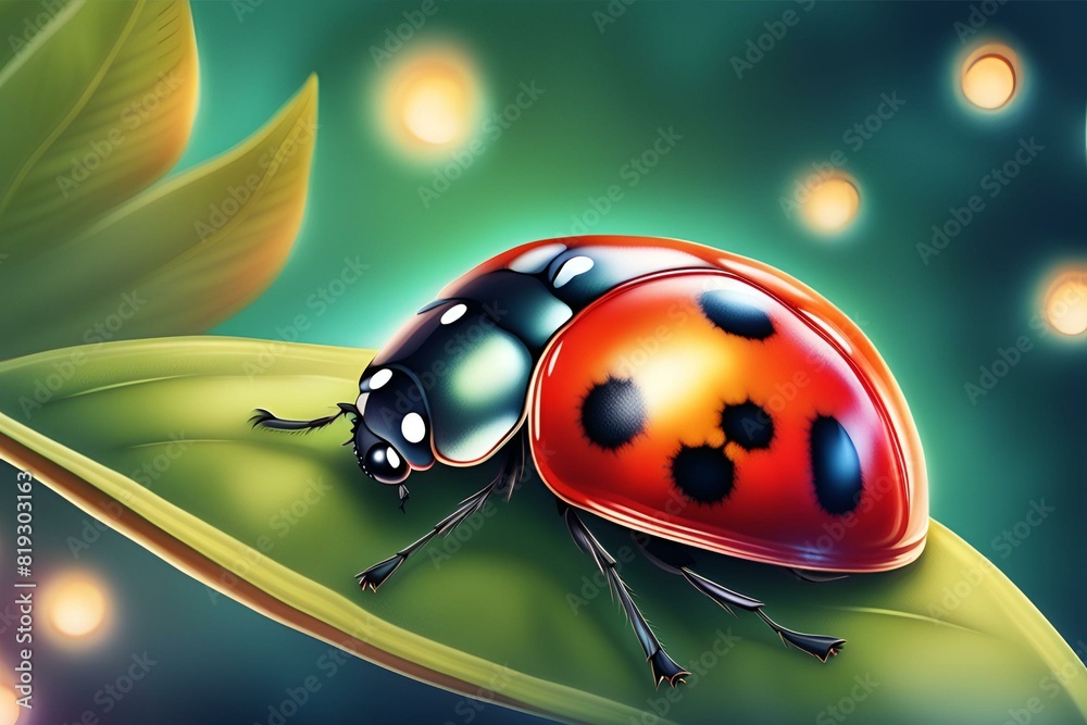 Fototapeta premium Lady bug resting on a leaf, Lady Bug on Leaf, Illustration