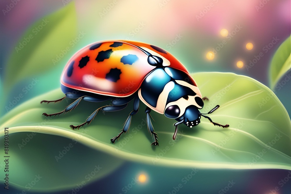 Naklejka premium Lady bug resting on a leaf, Lady Bug on Leaf, Illustration