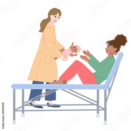 Midwife is taking care of a woman in the birthing center. Health care of the baby and his mother at the maternity hospital. Vector flat illustration with a nurse and patients.
