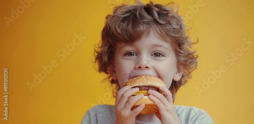 Young Boy Eating Hamburger on Yellow Background