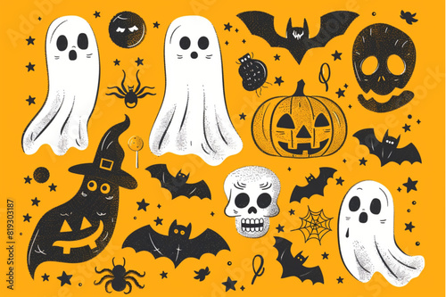 Halloween vector set of cute and funny cartoon ghosts, pumpkins, skulls, candy corns, bat and spider on bright orange background. set vector icon, white