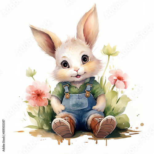 baby rabbit wearing clothes sitting on the floor on a watercolor white background