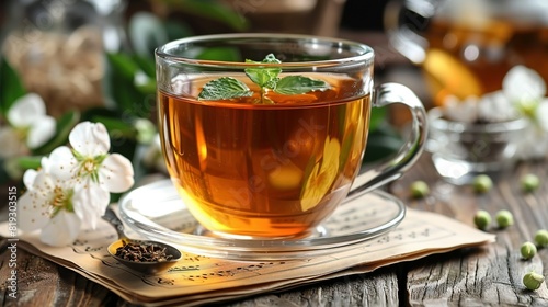  A glass cup of tea with a mint sprig on top and a spoon nearby