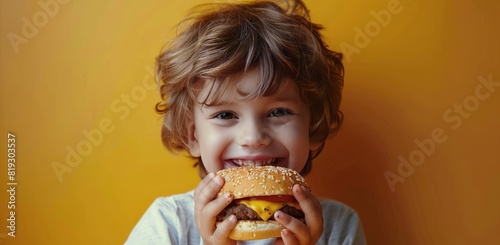 Young Boy Eating Hamburger on Yellow Background
