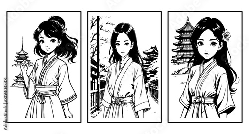 Set of 3 Black and white illustration. Fictional female character from Japan. Generated by Ai