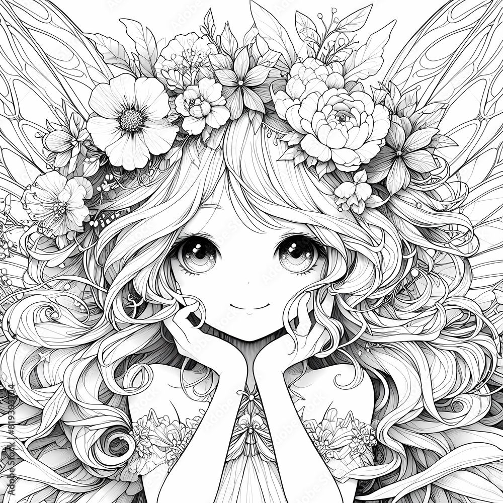 Whimsical Fantasy Garden Fairy Coloring Page White Ink, Ultra Cute Portrait