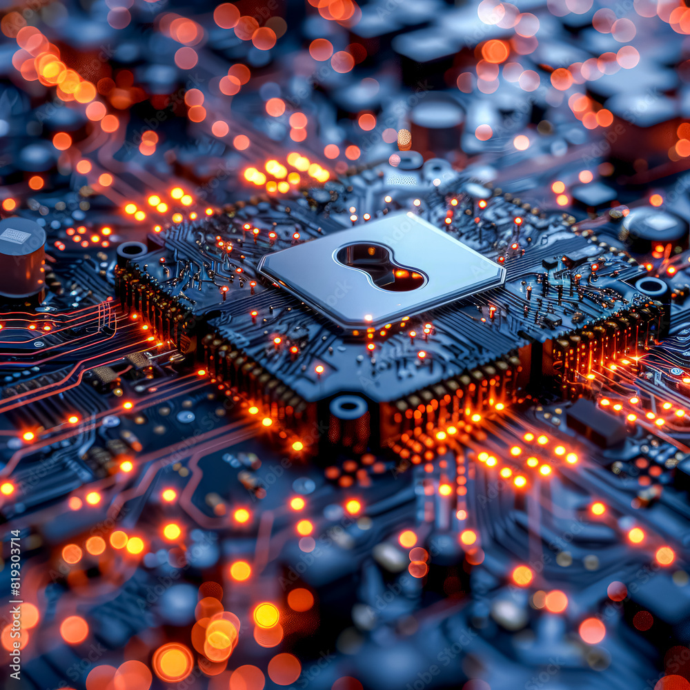 Fototapeta premium A close up of a computer chip with a keyhole in it. The chip is a microprocessor and the keyhole is a security feature