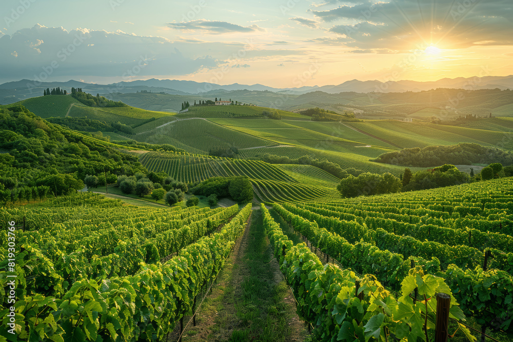 A tranquil vineyard nestled amidst rolling hills, where rows of grapevines stretch towards the horizon under the warm embrace of the sun. Concept of viticultural splendor. Generative Ai.