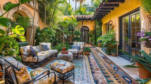 A Mediterranean-inspired patio with colorful tiles, wrought iron furniture, and lush greenery creating a vibrant and inviting outdoor space.